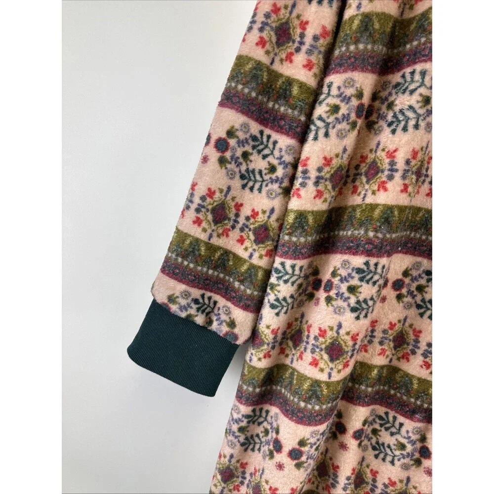 Natural Life One Piece Fleece Pajamas Zip Pink‎ Green Floral Long Womens Medium